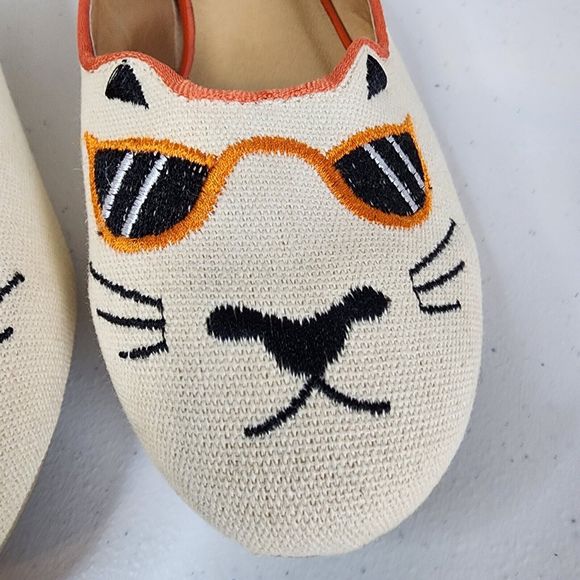 Cat Face Shoes Flats Womens 9.5 Kitten Embroidered Hot Polka Dot Cream Orange - Picture 2 of 10